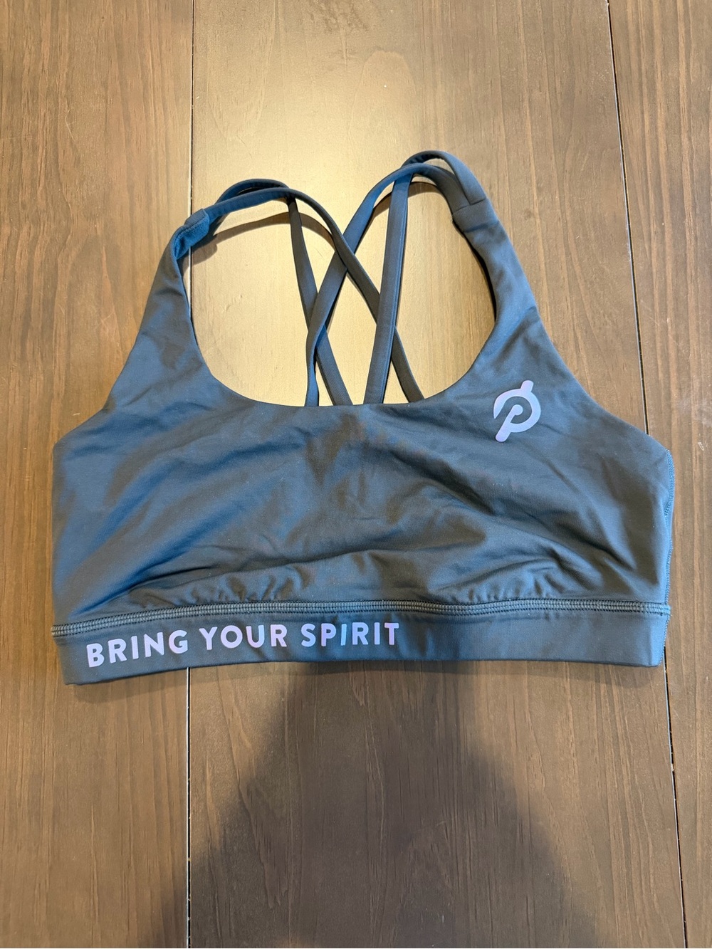 Peloton Charcoal Gray Strappy Sports Bra with "Bring Your Spirit" Band